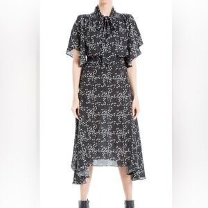 Max Studio Black Midi Dress White and Green Pattern Flutter Sleeve Tie Neck SZ M